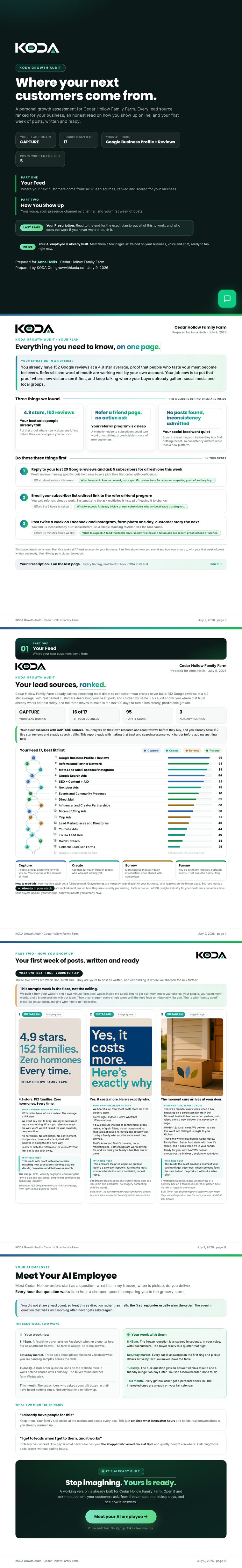 A real KODA Growth Audit scrolling: designed cover, plan page, ranked lead sources, week of posts, and the Meet Your AI Employee page